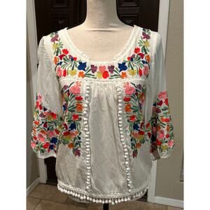 Vanessa Virginia Pom Pom Peasant Blouse